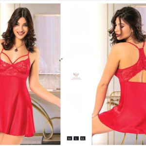 Kırmızı Dantelli Çapraz Askılı Saten Gecelik (Mini Boy)