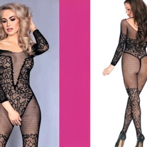 "Midnight Swan" Siyah Dantel Desenli & Düşük Omuzlu Uzun Kollu Fantezi Vücut Çorabı