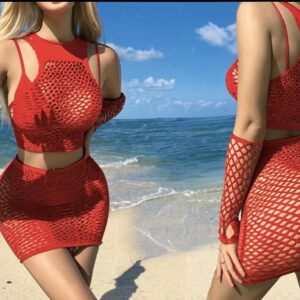 "Red Beach" Kırmızı İri File Etek, Büstiyer & Kolluklu 3 Parça Plaj ve Festival Takımı