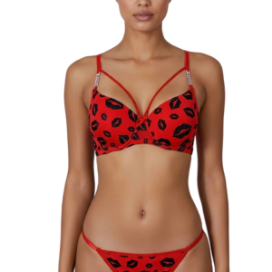 Asktensia'nın siyah tül üzerine kırmızı dudak desenli fantezi sütyen takımını keşfedin. Dekolte ip detaylarıyla cüretkar bir görünüm. Hızlı kargo ile hemen satın alın.