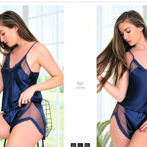 Lacivert Tül Panelli Saten Pijama Takımı (Fantazi Şortlu)