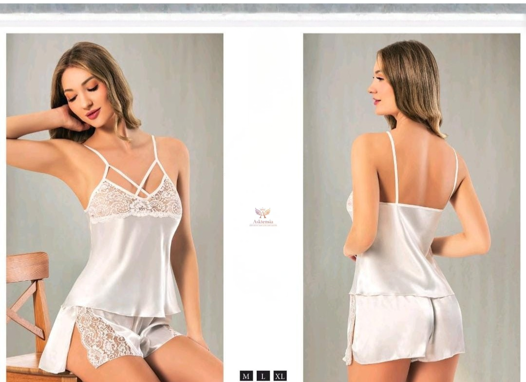 Beyaz Ekru Saten Pijama Takımı